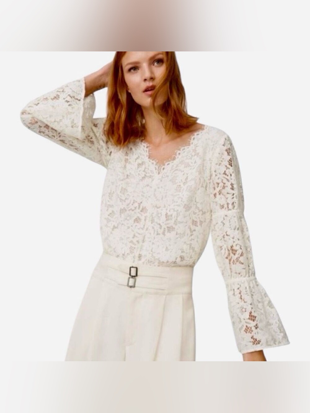 Club Monaco Ivory Lace V-Neck Bell Sleeve Blouse